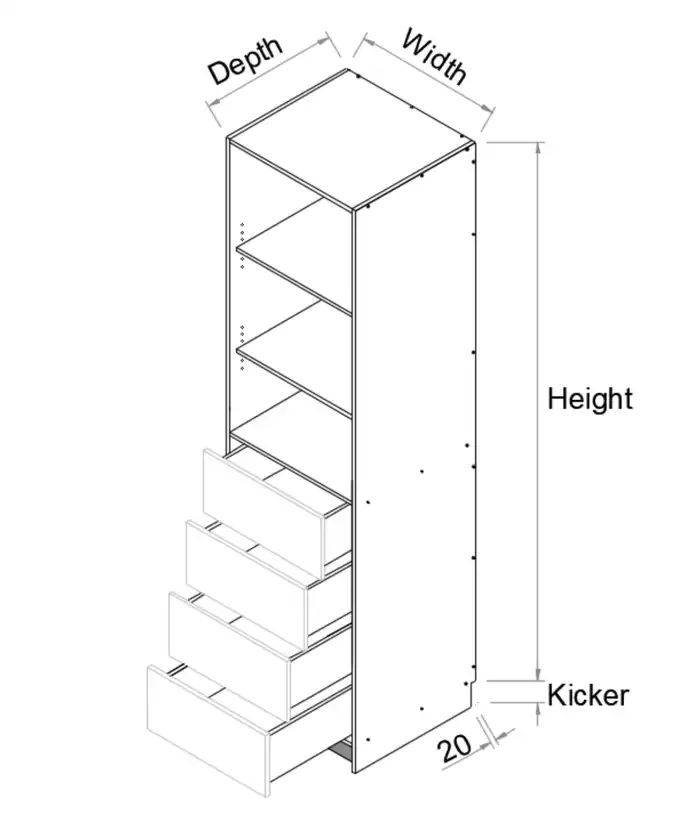 WARDROBE INSERT 4 DRAWERS SET - SOFT CLOSE-Measurement